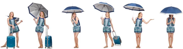 Colagem de mulher com guarda-chuva e mala — Fotografia de Stock