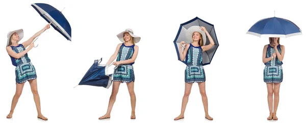 Collage einer Frau mit Regenschirm isoliert auf weiß — Stockfoto