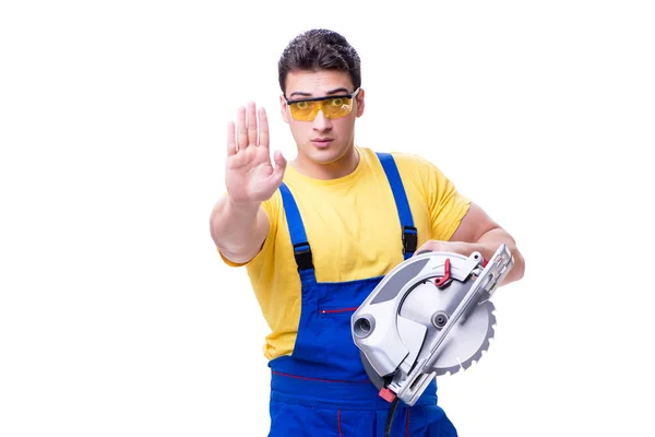 Carpenter wearing coveralls with circular saw isolated on white — Stock Photo, Image