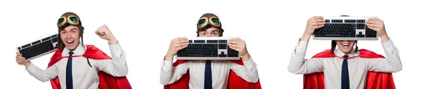 Herói engraçado com teclado isolado no branco — Fotografia de Stock