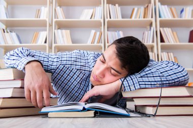 Genç öğrenci kitaplarla çalışıyor.