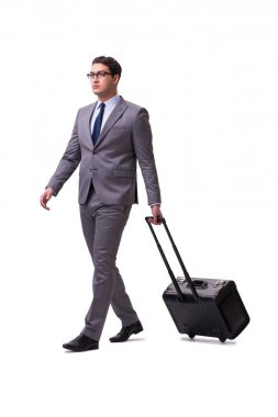 Beyaz izole iş seyahati sırasında genç adam