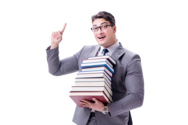 Elinde kitap yığınları taşıyan iş adamı öğrenci.