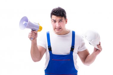 Tamirci megafon ile ve bir kazma axe beyaz arka plan üzerinde ben