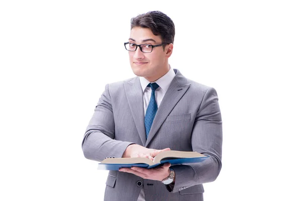 Businessman Student liest ein Buch isoliert auf weißem Hintergrund — Stockfoto