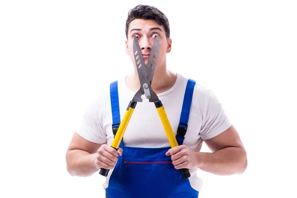 Izolovat člověka zahradník s zahradnické nůžky na bílém pozadí — Stock fotografie