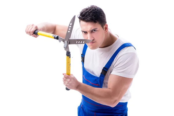 Man gardener with gardening scissors on white background isolate — Stock Photo, Image