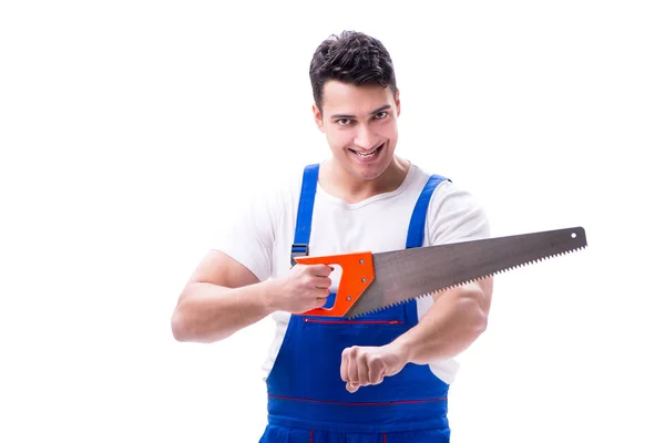 Man repairman with hand saw on white background isolated — Stock Photo, Image