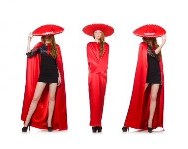 Kırmızı elbiseli Meksikalı kadın beyaz üzerine