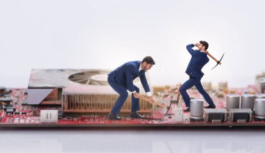 İşadamı madencilik parasıyla kripto para kavramı