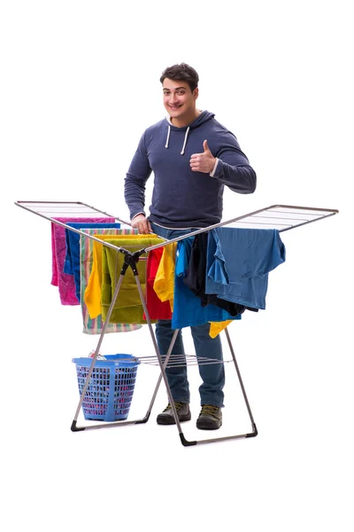 Férj férfi csinál mosoda elszigetelt fehér — Stock Fotó