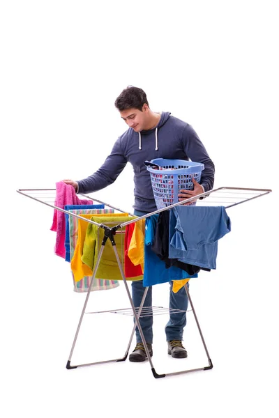 Husband man doing laundry isolated on white — Stock Photo, Image