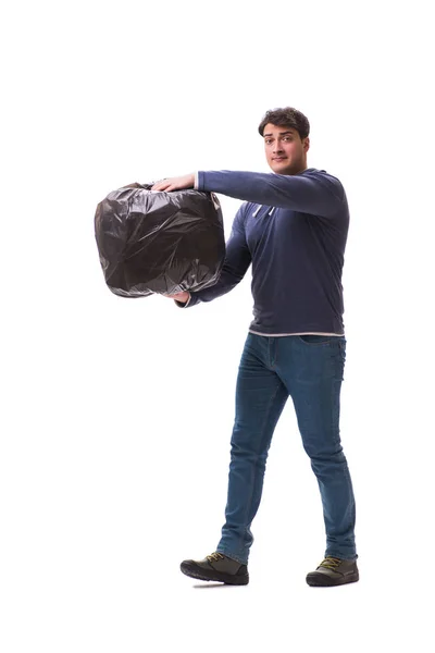Hombre con saco de basura aislado en blanco —  Fotos de Stock