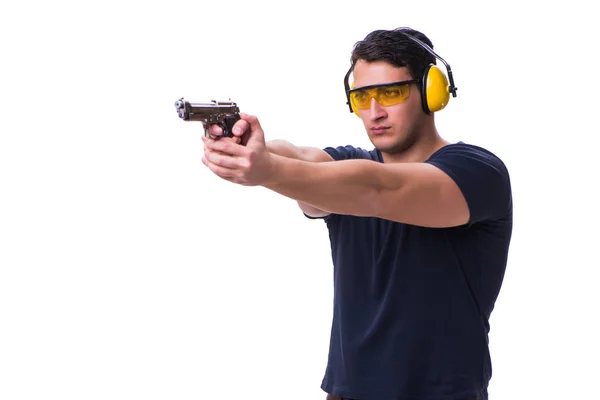 Uomo fare sport tiro da pistola isolato su bianco — Foto Stock