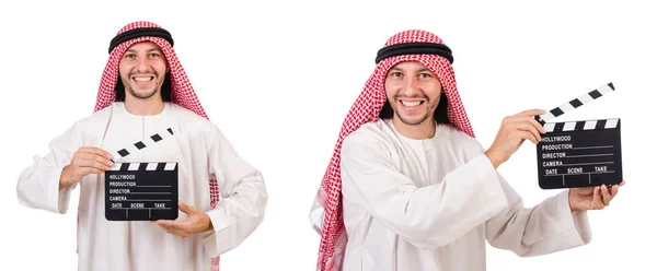 Arab man with movie clapper on white — Stock Photo, Image