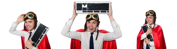 Αστείος ήρωας με το πληκτρολόγιο απομονωμένο στο λευκό — Φωτογραφία Αρχείου