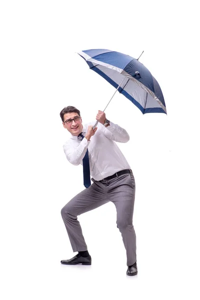 Joven hombre de negocios con paraguas aislado en blanco —  Fotos de Stock