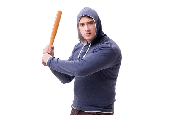 Young man hooligan with baseball bat isolated on white — Stock Photo, Image