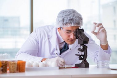 Besin uzmanı gıda ürünlerini laboratuarda test ediyor.