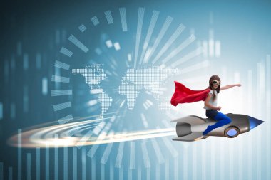 Süper kahraman kavramında küçük bir kız roket uçuruyor.