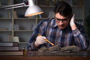 Arkeolog geç saatlere kadar ofiste çalışıyor.