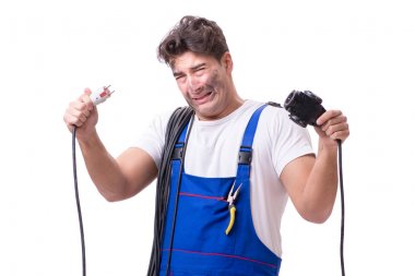 Beyaz üzerine izole komik elektrikçi
