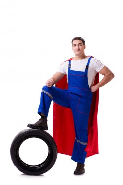 Lastik izole edilmiş beyaz arka planı olan süper kahraman.