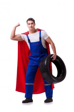 Lastik izole edilmiş beyaz arka planı olan süper kahraman.