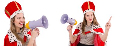 Komik bir hoparlörle konuşan kraliçe iş adamı