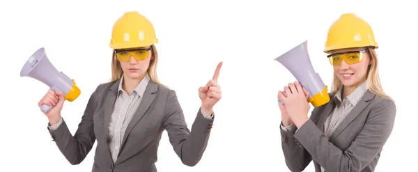 Engenheira feminina em capacete com alto-falante isolado em branco — Fotografia de Stock