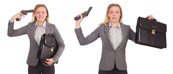 Femme d'affaires avec pistolet isolé sur blanc — Photo