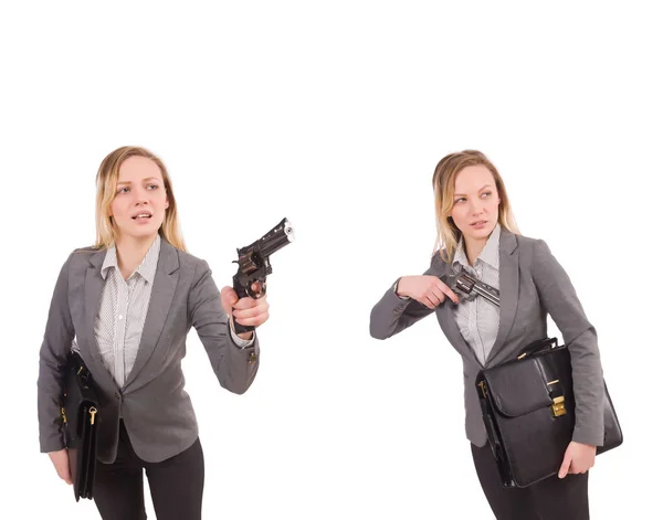 Geschäftsfrau mit Waffe isoliert auf Weiß — Stockfoto