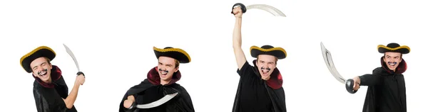 Joven pirata sosteniendo espada aislada en blanco —  Fotos de Stock