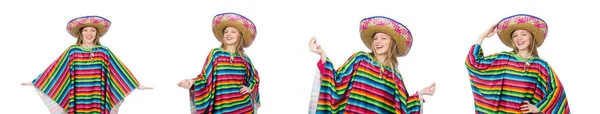 Красивая девушка в мексиканском пончо изолирована на белом — стоковое фото