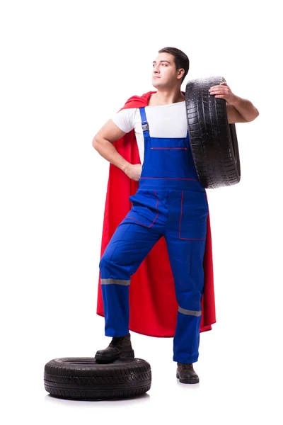 Superhero man with tyre isolated white background — Stock Photo, Image