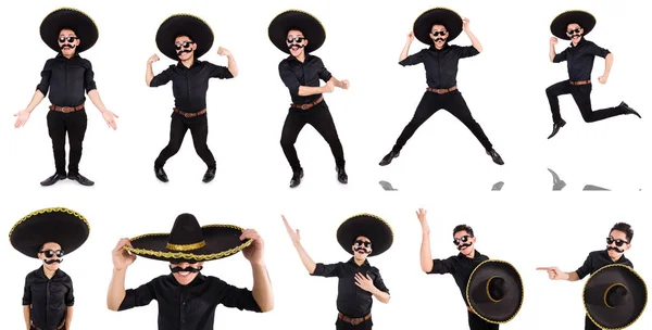 Funny man wearing mexican sombrero hat isolated on white — Stock Photo, Image