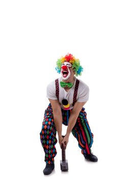 Beyaz arka planda çekici olan komik bir palyaço.