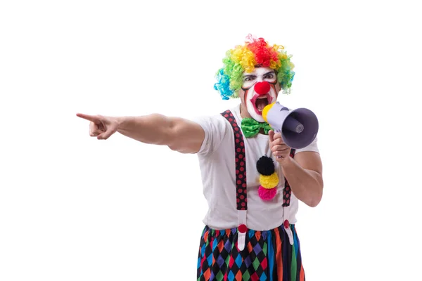 Смешной клоун с мегафоном на белом фоне — стоковое фото