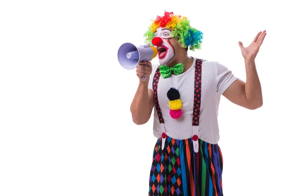 Drôle de clown avec un mégaphone isolé sur fond blanc — Photo