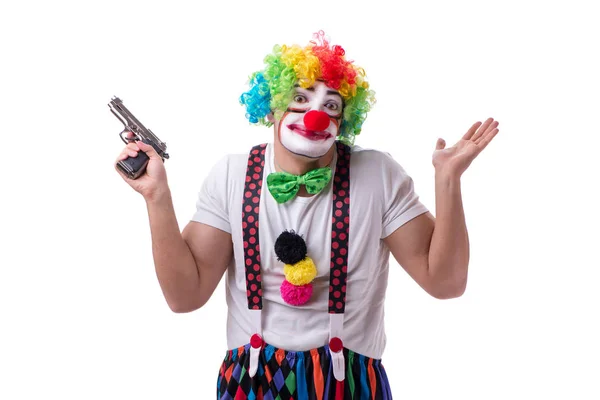 可笑的小丑，拿着枪，背景是白色的 — 图库照片