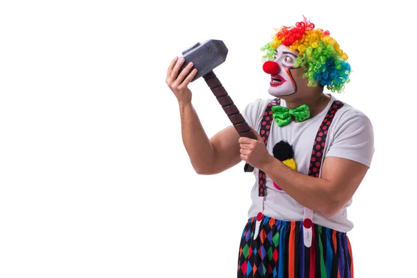 Payaso divertido con un martillo aislado sobre fondo blanco — Foto de Stock