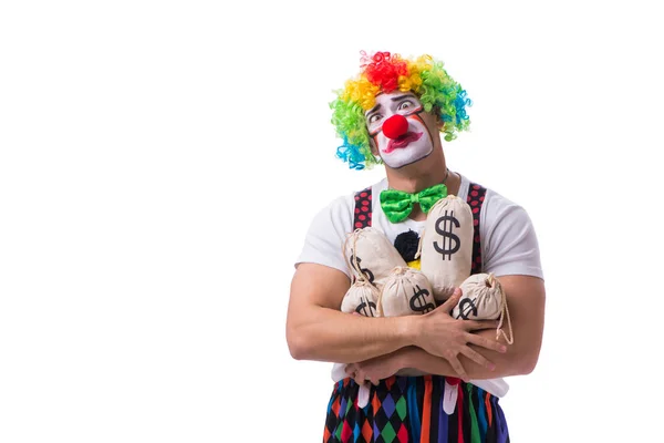 Vtipný klaun s pytle peněz izolované na bílém pozadí — Stock fotografie