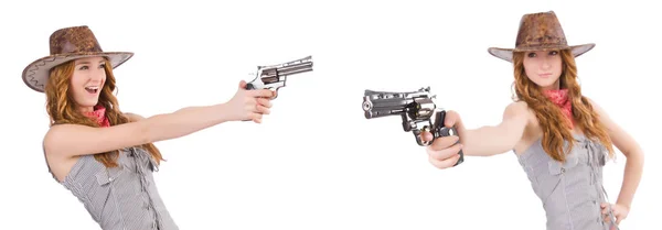 Woman gangster with gun isolated on white — Stock Photo, Image