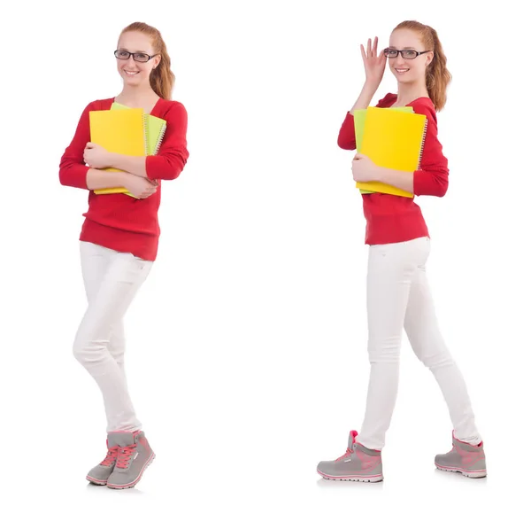 Giovane studente con libri su bianco — Foto Stock