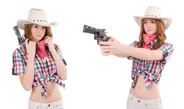 Rödhårig cowgirl med pistol isolerad på vit — Stockfoto