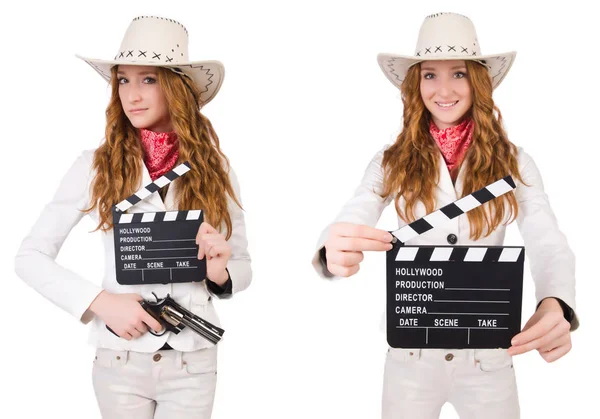 Giovane cowgirl con scheda film isolato su bianco — Foto Stock