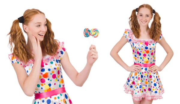 Redhead young girl with lolipops isolated on white — Stock Photo, Image