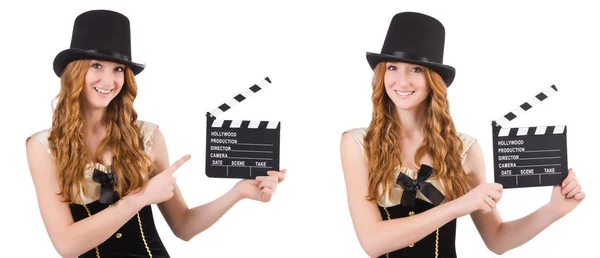 Young woman with movie board on white — Stock Photo, Image