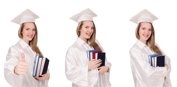 Chica graduada con diploma aislado en blanco — Foto de Stock