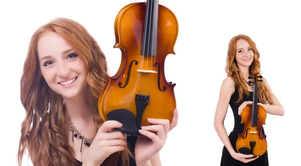 白で隔離されるバイオリンを持つ女性 — ストック写真